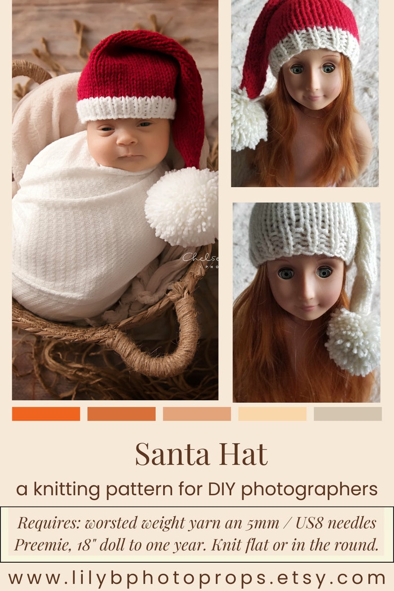 Santa Hat Knitting Pattern, Preemie, 18 inch doll, Newborn, Baby, Toddler, Child, Teen, Adult, Photography Props, Knit Flat or In Round image 10