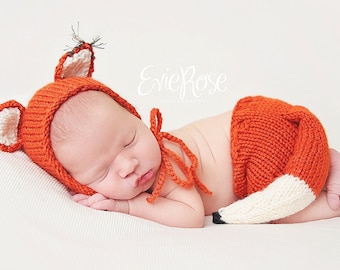 Fox bonnet and tail knitting pattern, A Newborn Baby Photography Prop Knitting Pattern for Baby Boys or Girls