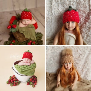 Strawberry Hat Knitting Pattern in 5 sizes, Baby Beanie Knitting Pattern, Newborn Photography Props, 18 Inch Doll Clothes Patterns image 3