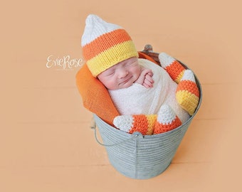Candy Corn Hat Knitting Pattern, Newborn Baby Beanie, Newborn Photography, Fall Photo Props, Halloween Knits for Babies