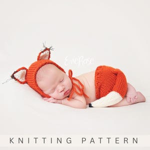 Fox Hat + Tail Knitting Pattern, Fall Baby Bonnet, Newborn Props, Fox Costume for Halloween Photography, Preemie to One Year + 18&quot; Dolls.