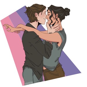 May include: Illustration of two people embracing, with a bisexual pride flag in the background. One person wears a black shirt and gray pants, the other a gray shirt and brown pants. The artwork is a digital drawing.