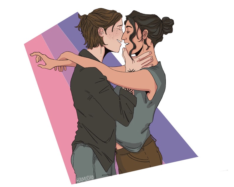 May include: Illustration of two people embracing, with a bisexual pride flag in the background. One person wears a black shirt and gray pants, the other a gray shirt and brown pants. The artwork is a digital drawing.
