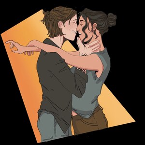 May include: Digital illustration of two people embracing and kissing. One person wears a gray t-shirt and brown pants, the other wears a black long-sleeve shirt and blue jeans. The background is a yellow and orange geometric shape.