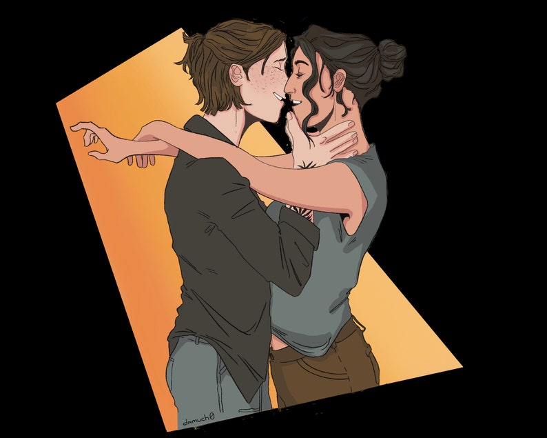 May include: Digital illustration of two people embracing and kissing. One person wears a gray t-shirt and brown pants, the other wears a black long-sleeve shirt and blue jeans. The background is a yellow and orange geometric shape.