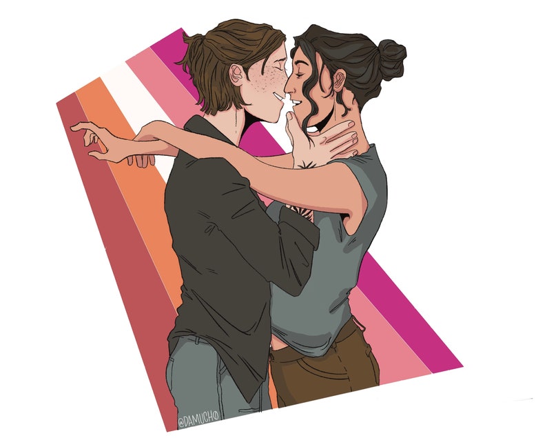 May include: Illustration of two people embracing and kissing, set against a lesbian pride flag. One person wears a black shirt and gray pants, the other a gray shirt and brown pants. The artwork has a clean, modern style.