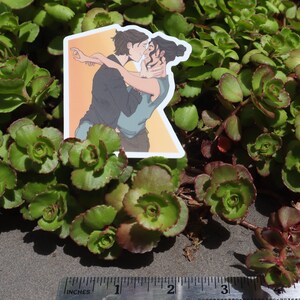May include: A sticker featuring an illustration of two people embracing and kissing. The figures are depicted in shades of gray, blue, and brown, set against a yellow backdrop. The sticker is placed on a bed of green succulent plants.