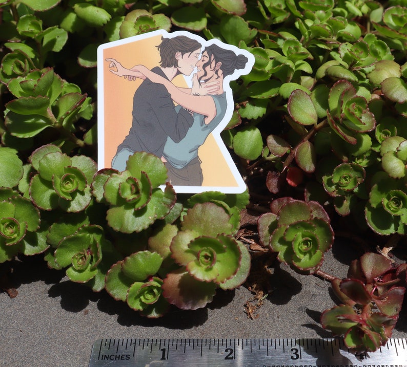 May include: A sticker featuring an illustration of two people embracing and kissing. The figures are depicted in shades of gray, blue, and brown, set against a yellow backdrop. The sticker is placed on a bed of green succulent plants.