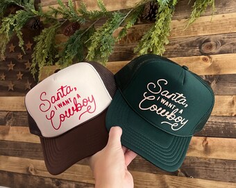 Brown and Cream trucker Hat with cowboy Santa christmas patch Santa, I Want A Cowboy Christmas Trucker Hat - Etsy main image 2