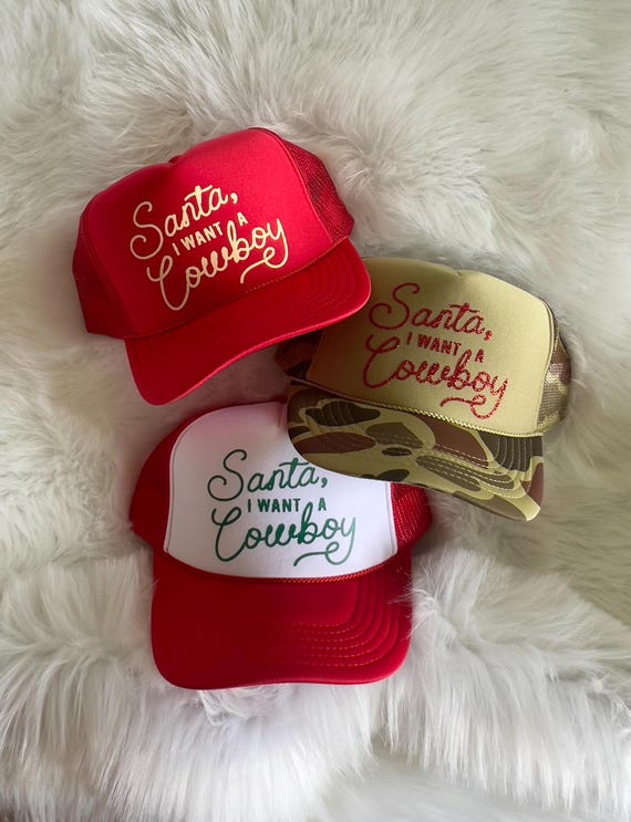 Brown and Cream trucker Hat with cowboy Santa christmas patch Santa, I Want A Cowboy Christmas Trucker Hat - Etsy main image 3