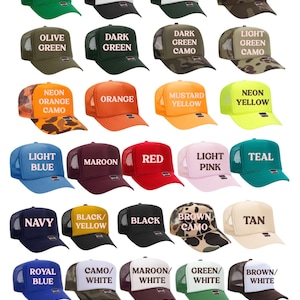 May include: A colour guide for trucker hats featuring a range of colours and patterns, including solid colours, camouflage, and neon colours. The hats are arranged in rows and columns, with the colour name and pattern printed on each hat.