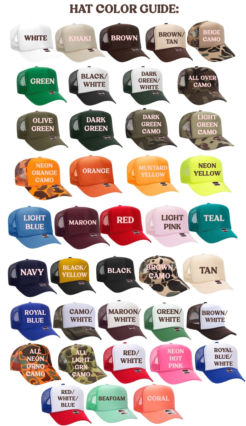 May include: A colour guide for trucker hats featuring a range of colours and patterns, including solid colours, camouflage, and neon colours. The hats are arranged in rows and columns, with the colour name and pattern printed on each hat.