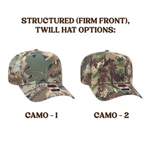 May include: Two structured twill hats with a firm front. Both hats are camouflage patterned with a mesh back. The first hat is a green and brown camouflage pattern. The second hat is a brown and green camouflage pattern. The text "OTTO" is visible on the front of both hats.