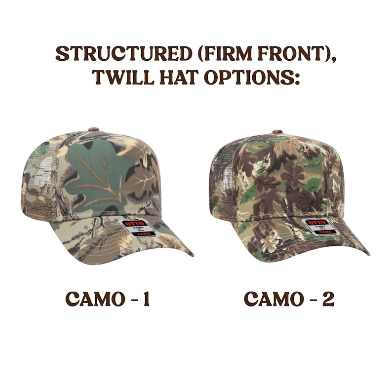 May include: Two structured twill hats with a firm front. Both hats are camouflage patterned with a mesh back. The first hat is a green and brown camouflage pattern. The second hat is a brown and green camouflage pattern. The text "OTTO" is visible on the front of both hats.