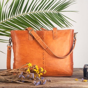 Leather shoulder bag for women / Boho rustic leather bag / Laptop leather bag / Large tote bag / Leather crossbody women / Boho shopping bag image 1