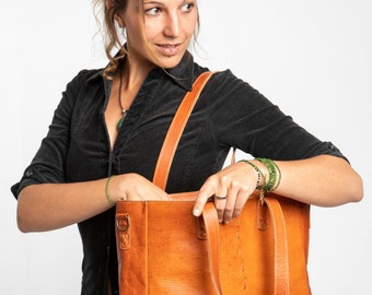 BOHO leather BAG / Burnt orange leather bag / Big tote bag with cross-body strap / Leather laptop bags / Boho bag / Christmas gift