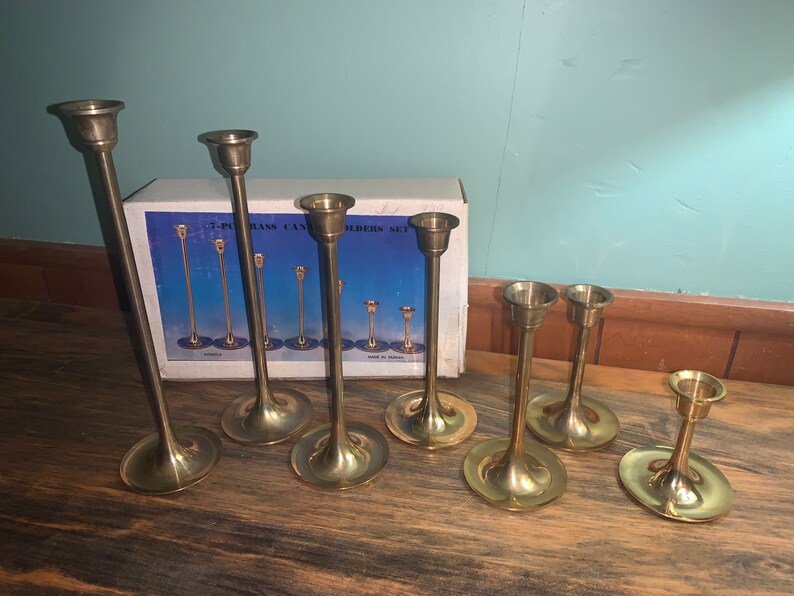 Brass Candlestick Holders Graduated Height Set of Seven