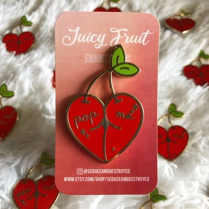 Pop Me Cherry Butt Enamel Pin | Sassy, Punny, Puns, Hard Enamel Pins, Gold Pins, Shiny, Sparkle, Heart Butt, Fruit Pin, Fruity, Juicy Fruit