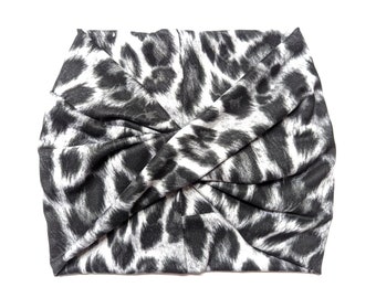 Snow Leopard Wide headband- Scrunch headband, extra wide headband, beanie, turban, dreadlock, yoga headband, non slip headband