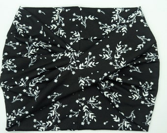 Black white small floral Wide headband- Scrunch headband, extra wide headband, beanie, turban, dreadlock, yoga headband, non slip headband