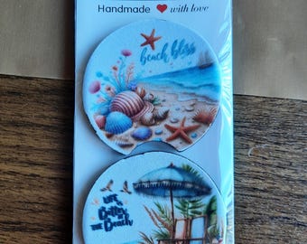 Beach Car Coasters Set of 2, Coastal Car Cup Holder Coasters, Ocean Car Accessories, Beach Lover Gift, Handmade Car Decor