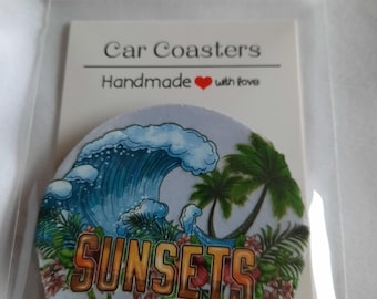 Dessous de verre pour voiture Coucher de soleil tropical, motif vagues et palmiers, cadeau pour les amoureux de la plage
