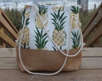 Pineapple Burlap Beach Bag  - Personalized Tote - Tropical Tote Bag - Destination Wedding - Bridesmaid Gift - Bride Gift -Gift for Her