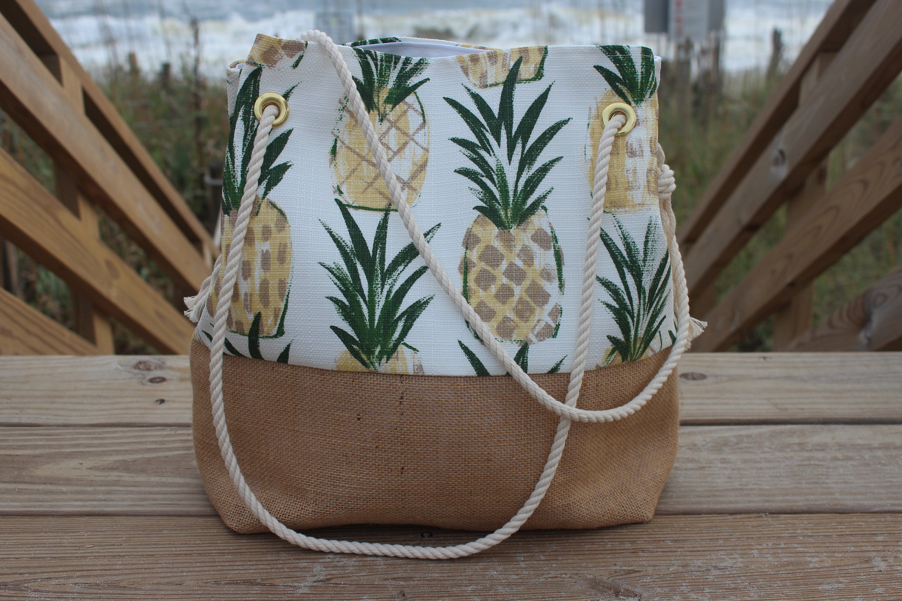 Pineapple Burlap Beach Bag Personalized Tote Tropical Etsy