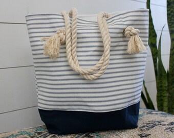 Summer Ticking Tote Bag - Shopping Bag - Small Beach Bag - Market Bag - Canvas Tote Bag - Nautical Bag - Personalized Bag - Mom Gift