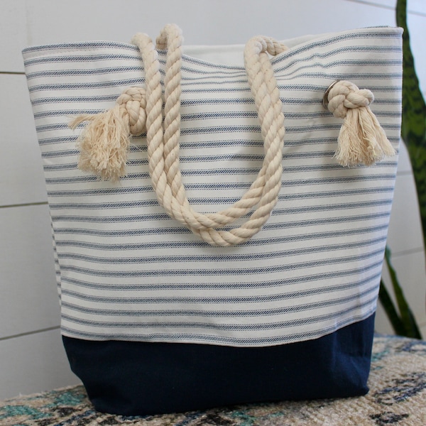 Summer Ticking Tote Bag - Shopping Bag - Small Beach Bag - Market Bag - Canvas Tote Bag - Nautical Bag - Personalized Bag - Mom Gift