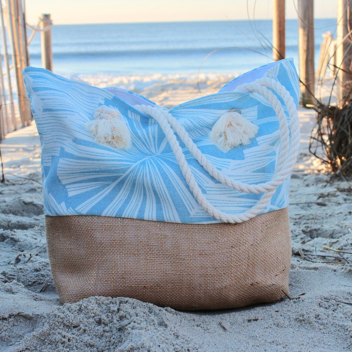 Personalized Blue Burlap Beach Bag Summer Tote Bag | Etsy