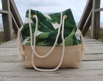 Palm Leaf Beach Bag - Banana Leaf Palm Beach Bag  - Burlap Tote Bag - Palm and Jute Bag - Personalized Bag