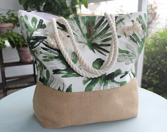 Personalized Palm Burlap Beach Bag - Summer Tote Bag - Tropical Green Beach Bag - Pool Bag - Cruise Bag - Bridesmaid Gift - Mother's Day