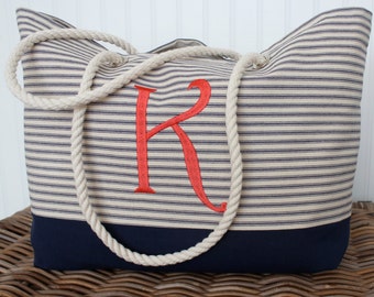 Personalized Large Ticking Tote Bag - Navy Ticking Bag - Bridesmaid Gift  - Teacher Bag - Market Bag - Monogram Bag