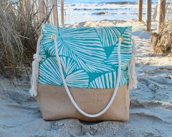 Custom Burlap Beach Bag - Tropical Beach Bag - Summer Bag - Personalized Bag - Bridesmaid Gift Bag - Mother's Day Gift