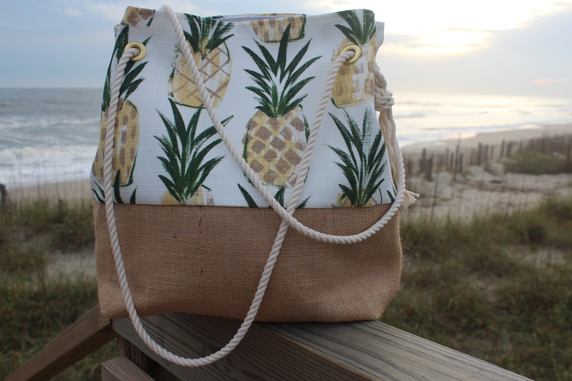 Pineapple Burlap Beach Bag Personalized Tote Tropical Tote Etsy