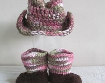 Adorable Pink Camo Hand Crocheted Baby Cowgirl Boots and Hat Size 0-3 Months - READY TO SHIP