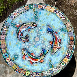 Round Mosaic Bistro, coffee, Patio, side table Top, custom vintage indoor outdoor garden, blue teal fish Tuscan italian decor