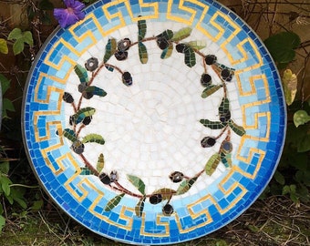 Round Mosaic Bistro, coffee, Patio, side table Top, custom vintage indoor outdoor garden Greek key olive wreath blue white Mediterranean