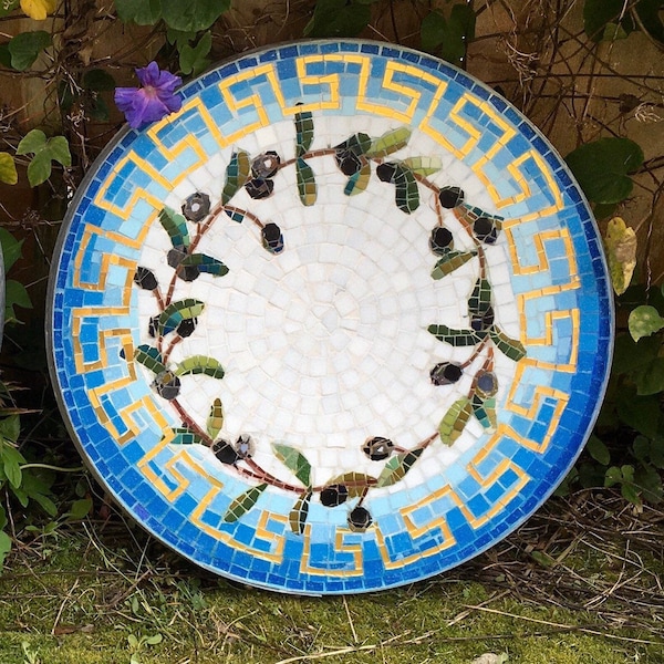 Round Mosaic Bistro, coffee, Patio, side table Top, custom vintage indoor outdoor garden Greek key olive wreath blue white Mediterranean