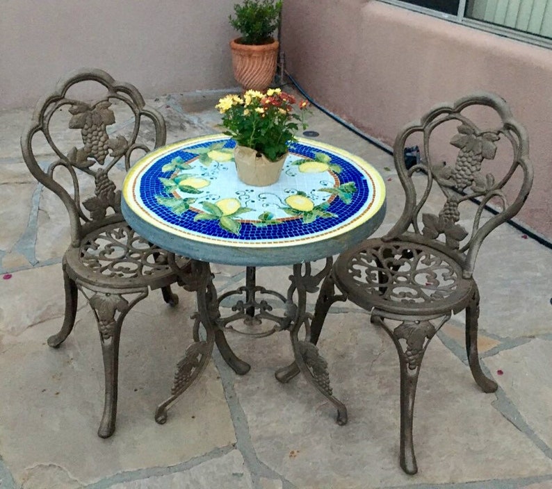 Round Mosaic Bistro, coffee, Patio, side table Top, custom vintage indoor outdoor garden Italian Tuscan fruit design blue yellow white image 4