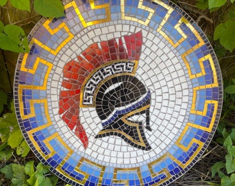 Round Mosaic Bistro, coffee, Patio, side table Top, custom vintage indoor outdoor garden Greek key spartan helmet blue white Mediterranean