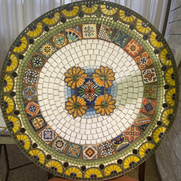 Round Mosaic Bistro, coffee, Patio, side table Top, custom vintage indoor outdoor garden green, blue yellow white mandala Spanish decoration