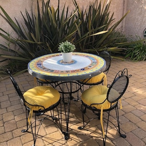 Round Mosaic Bistro, coffee, Patio, side table Top, custom vintage indoor outdoor garden Italian Tuscan fruit design blue yellow white image 8
