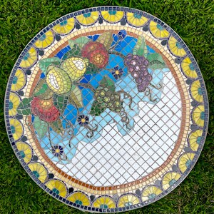 Round Mosaic Bistro, coffee, Patio, side table Top, custom vintage indoor outdoor garden Italian Tuscan fruit design blue yellow white image 3