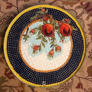 Round Mosaic Bistro, coffee, Patio, side table Top, custom vintage indoor outdoor garden Tuscan Italian pomegranate blue white red
