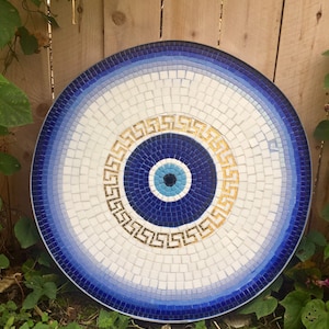 Round Mosaic Bistro, coffee, Patio, side table Top, custom vintage indoor outdoor garden blue white Greek key Mediterranean lucky eye