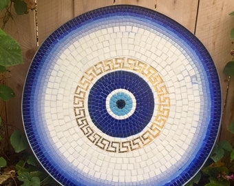Round Mosaic Bistro, coffee, Patio, side table Top, custom vintage indoor outdoor garden blue white Greek key Mediterranean lucky eye