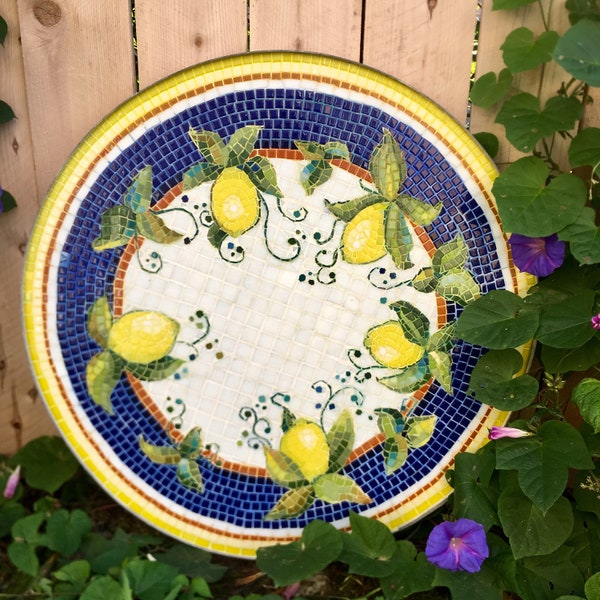 Round Mosaic Bistro, coffee, Patio, side table Top, custom vintage indoor outdoor garden, lemon yellow blue Tuscan Italian decor
