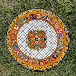 Round Mosaic Bistro, coffee, Patio, side table Top, custom vintage indoor outdoor garden orange yellow white mandala Spanish decoration
